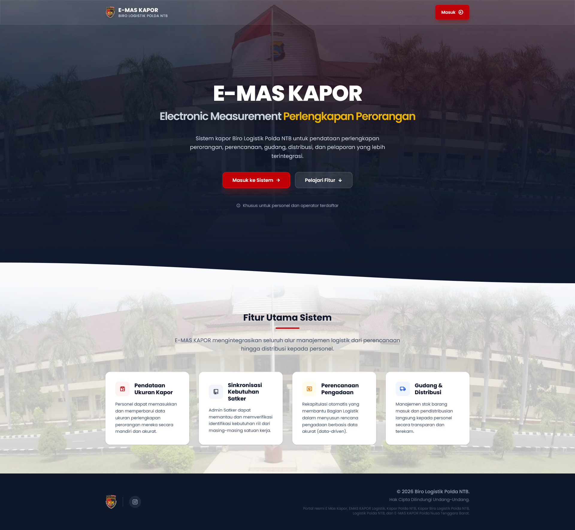Landing page publik E-MAS-KAPOR dengan identitas Biro Logistik Polda NTB dan ringkasan fitur