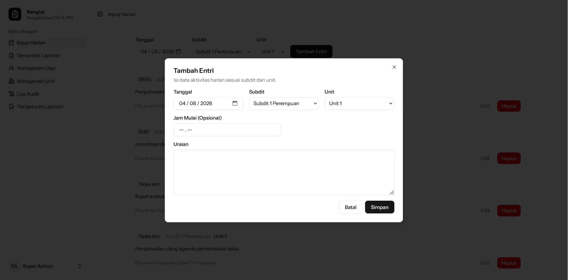 Form input kegiatan Rengiat berdasarkan satuan