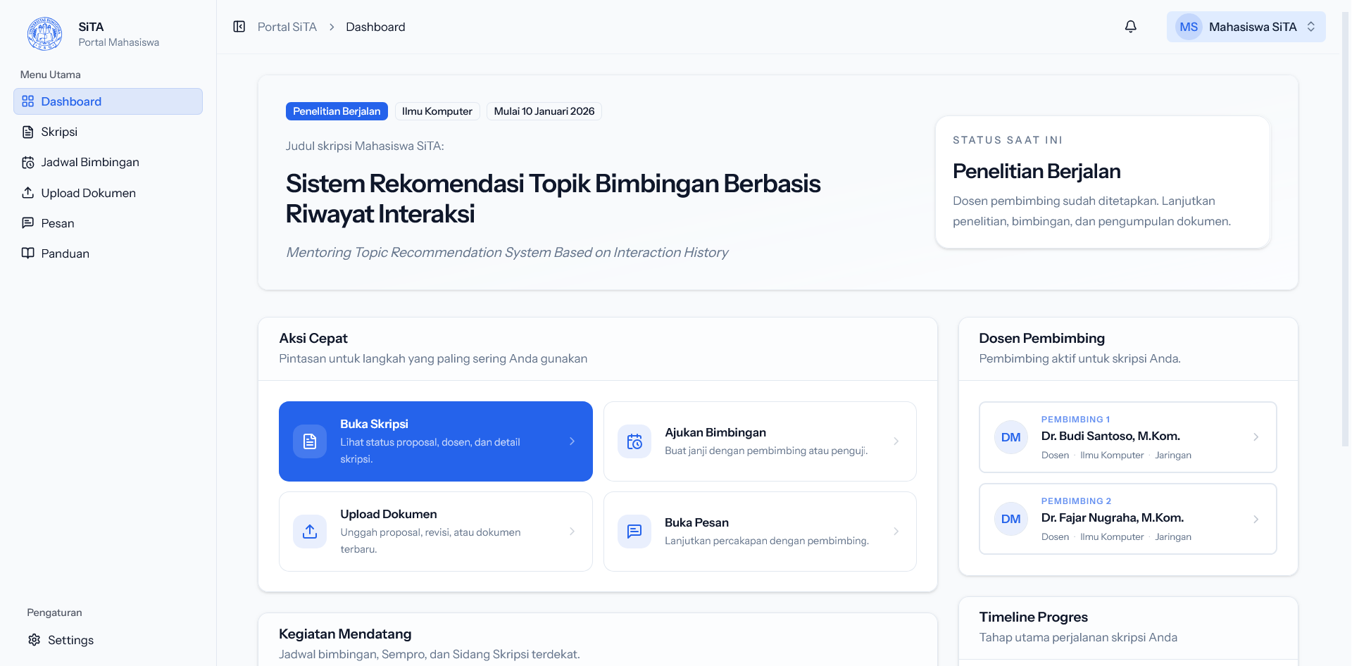 Dashboard mahasiswa SITA dengan progres dan aktivitas tugas akhir