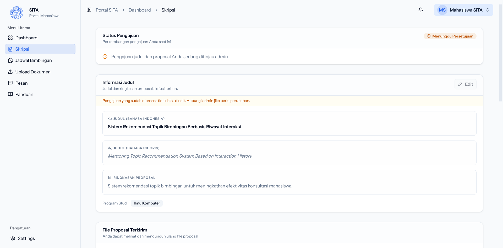 Workflow tugas akhir SITA untuk judul, proposal, dan status akademik