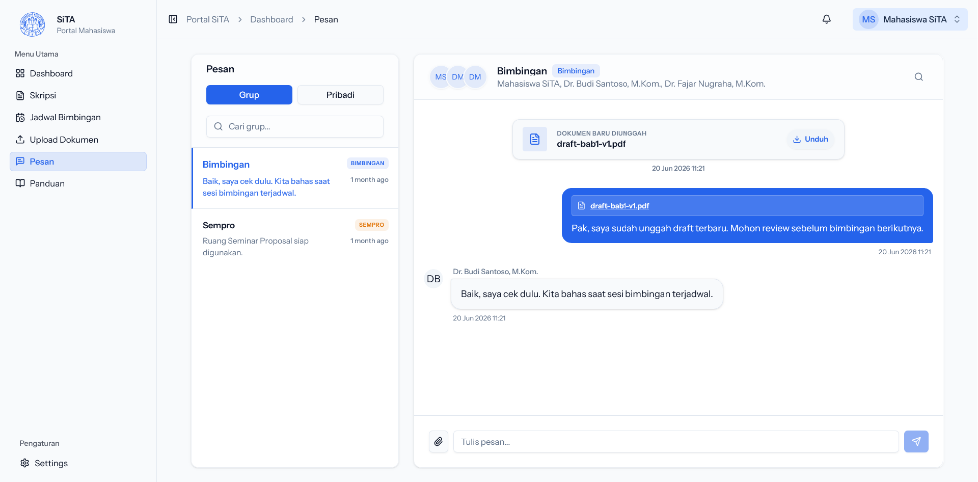 Chat bimbingan real-time antara mahasiswa dan dosen di SITA