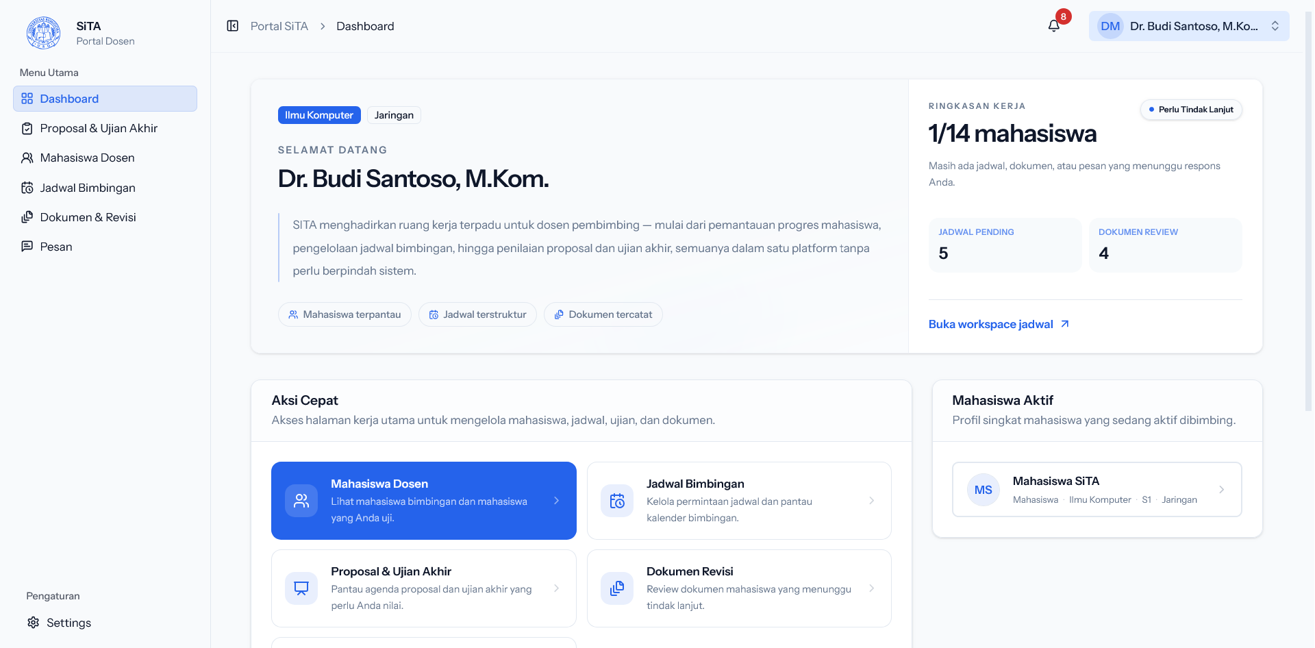 Dashboard dosen SITA untuk memantau mahasiswa bimbingan